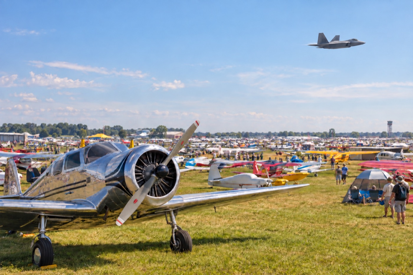 A polished vintage airplane among rows of aircraft at a summer fly-in as an F-22 Raptor passes overhead