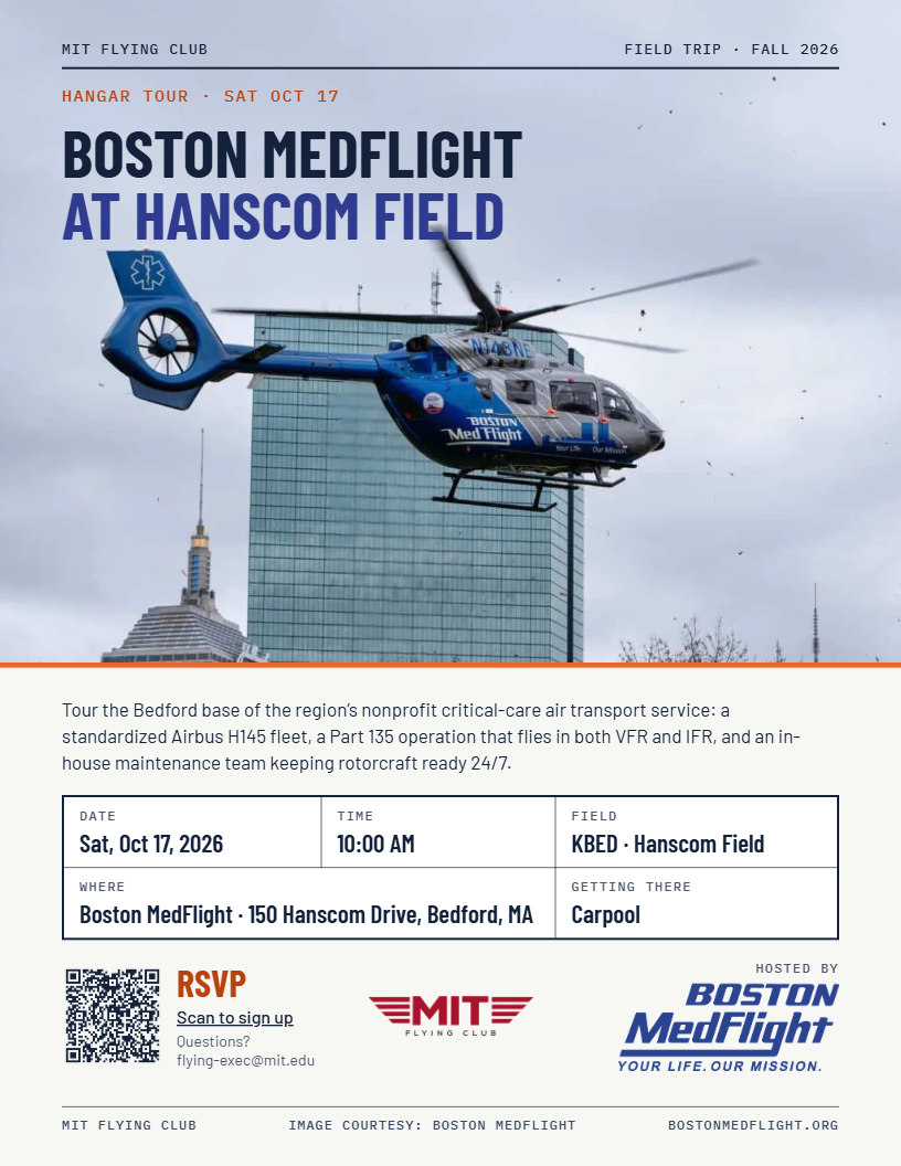 Event poster. Hangar tour, Saturday October 17: Boston MedFlight at Hanscom Field, with a Boston MedFlight helicopter in flight over Boston. Date Saturday October 17 2026. Time 10:00 am. Field KBED, Hanscom Field. Where Boston MedFlight, 150 Hanscom Drive, Bedford, Massachusetts. Getting there by carpool. RSVP by the QR code or email flying-exec@mit.edu. Hosted by Boston MedFlight. Photograph courtesy of Boston MedFlight.