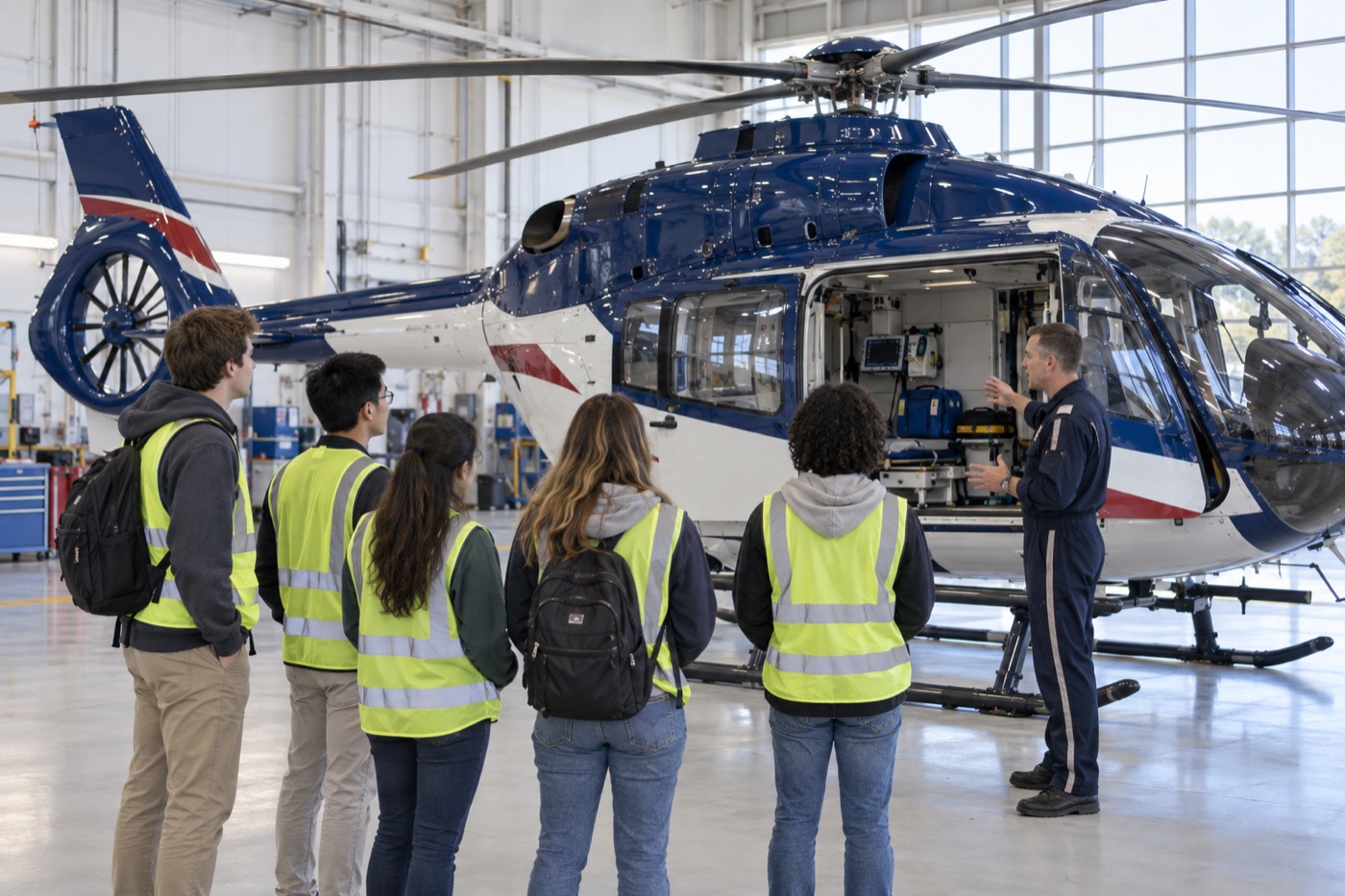 Student aviators listening to a medical-flight pilot beside a helicopter inside a bright hangar