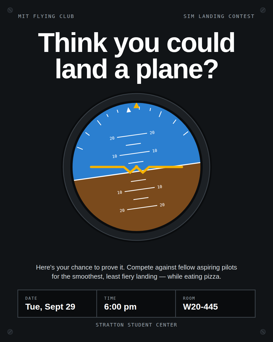 MIT Flying Club Simulator Landing Contest poster: Tuesday September 29, 6:00 pm, room W20-445, Stratton Student Center