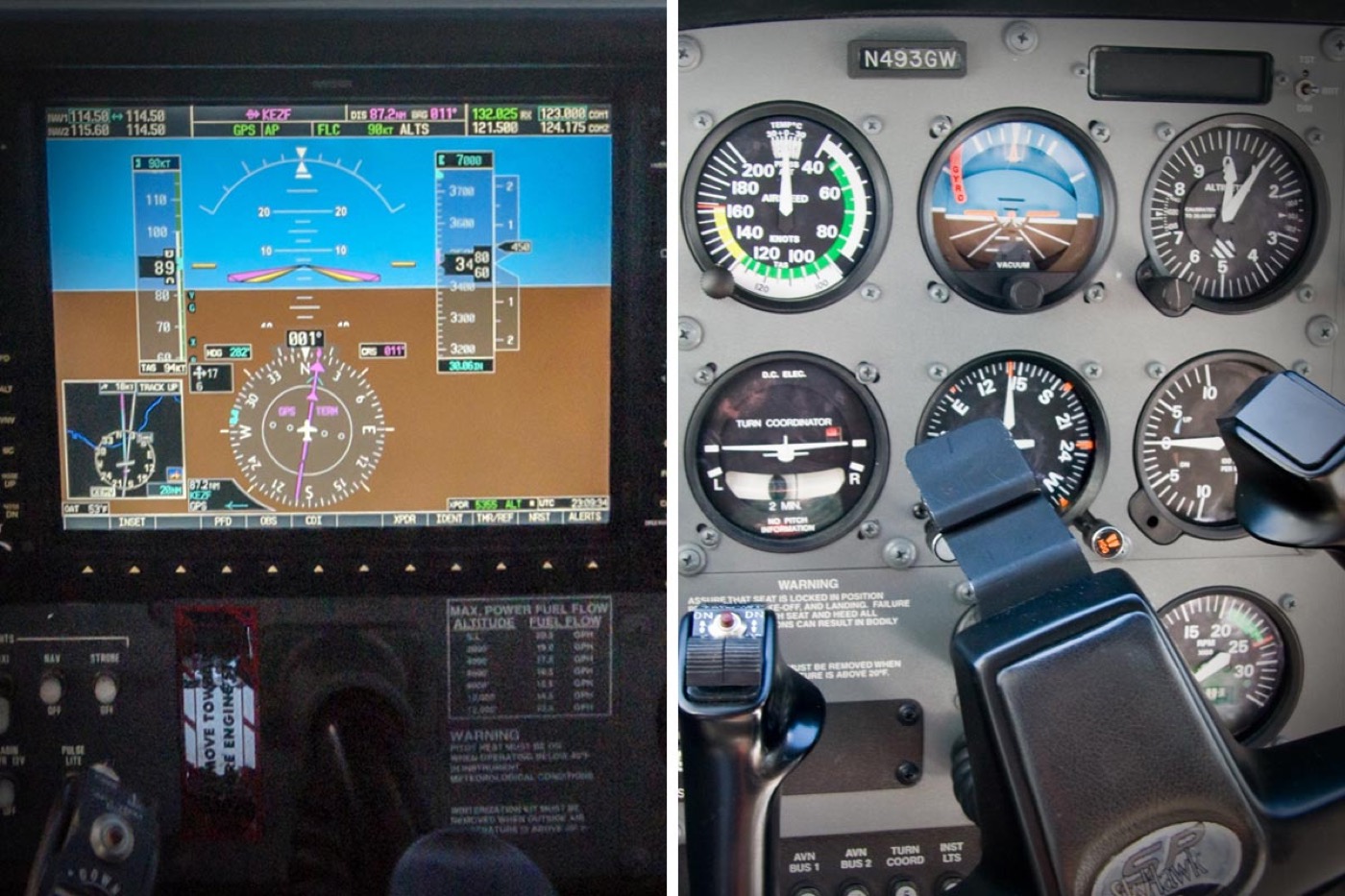 A glass cockpit primary flight display beside a traditional six-pack of analog instruments